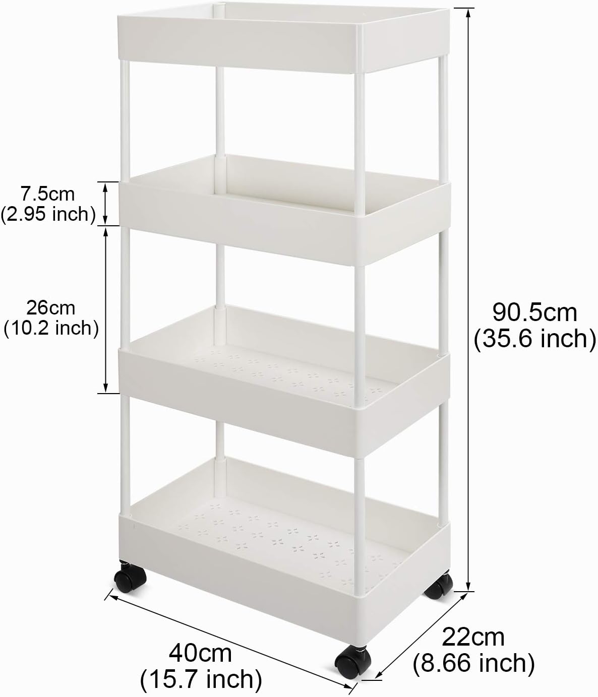 4-Tier Slim Rolling Cart, Slide Out Storage Trolley, Mobile Shelving Unit Organizer with Wheels, Gap Storage Tower Rack for Kitchen Bathroom Laundry Narrow Places
