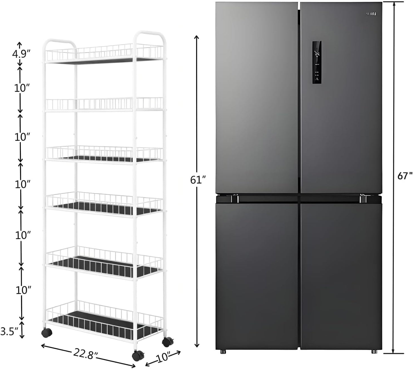 10in 6-Tier Slim Storage Cart with Wheels, Metal 10in Wide Black Narrow Rolling Shelf, Sturdy Slim Storage with Hooks Ideal for Kitchen, Bathroom, and Laundry Room