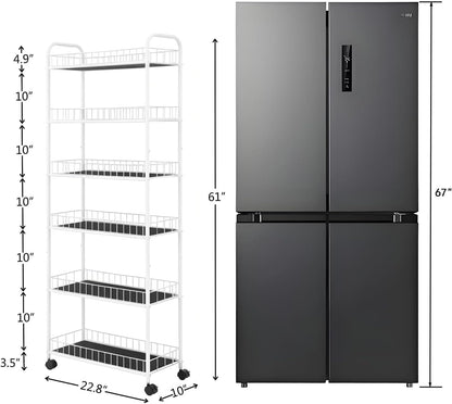 10in 6-Tier Slim Storage Cart with Wheels, Metal 10in Wide Black Narrow Rolling Shelf, Sturdy Slim Storage with Hooks Ideal for Kitchen, Bathroom, and Laundry Room