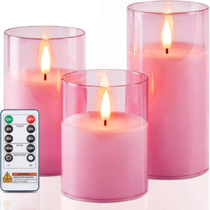 Homemory Green Glass Flameless Candles, Battery Operated LED Pillar Candles with Remote Control and Timer, Radiance Candles, Real Wax, Set of 3,D3 xH4 5" 6"