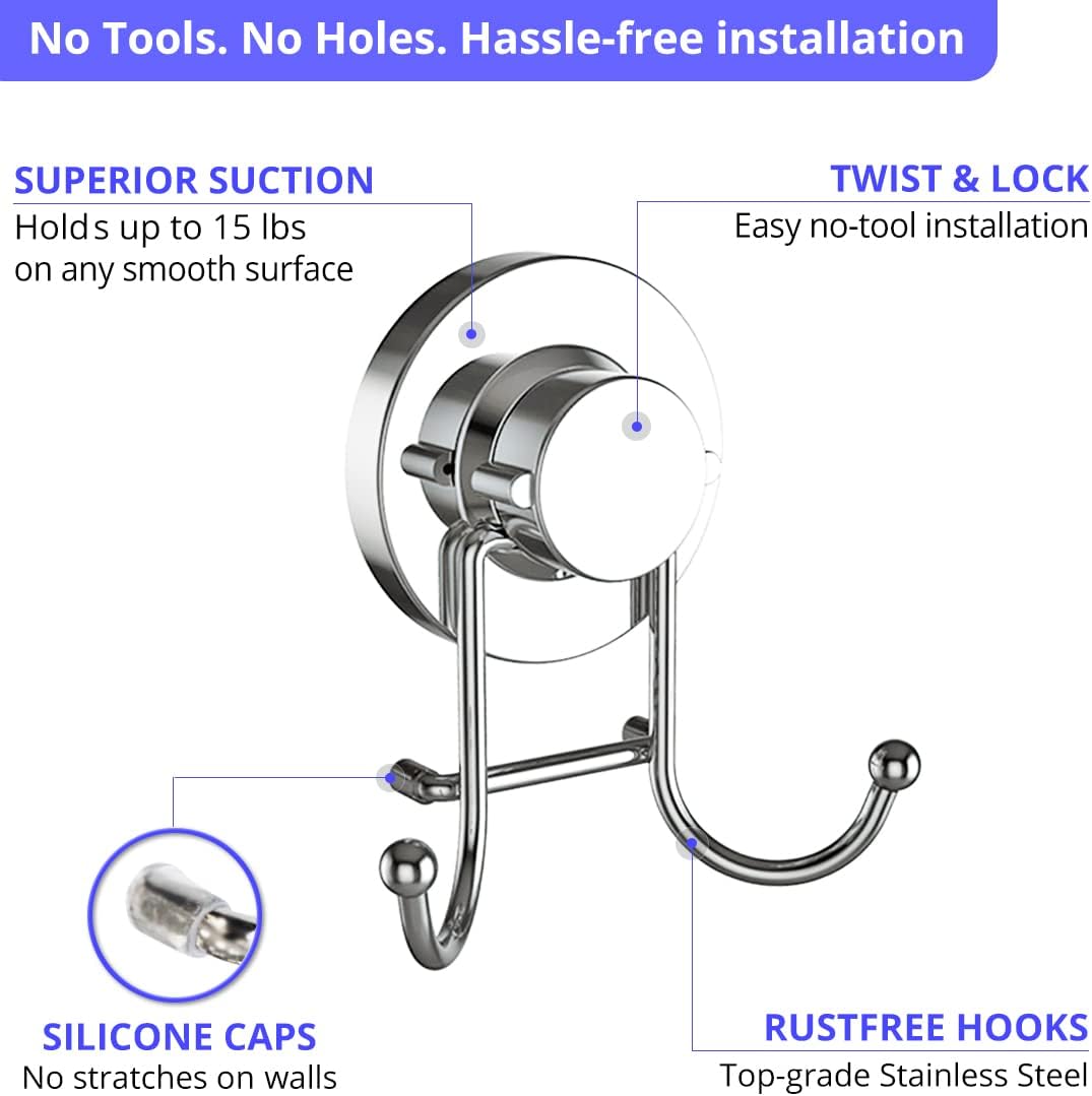 HOME SO Suction Cup Hooks for Shower & Bathroom Towel Holder 1-Pack – Suction Cups Hooks for Hanging Towels, Robes, & Coats - Tiles, Glass Door or Mirror – Shower and Towel Hooks - Chrome, Stainless
