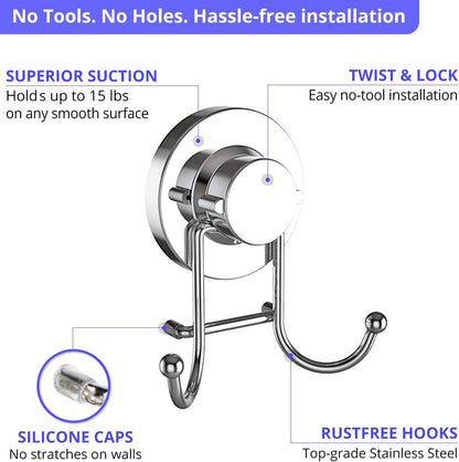 HOME SO Suction Cup Hooks for Shower & Bathroom Towel Holder 1-Pack – Suction Cups Hooks for Hanging Towels, Robes, & Coats - Tiles, Glass Door or Mirror – Shower and Towel Hooks - Chrome, Stainless