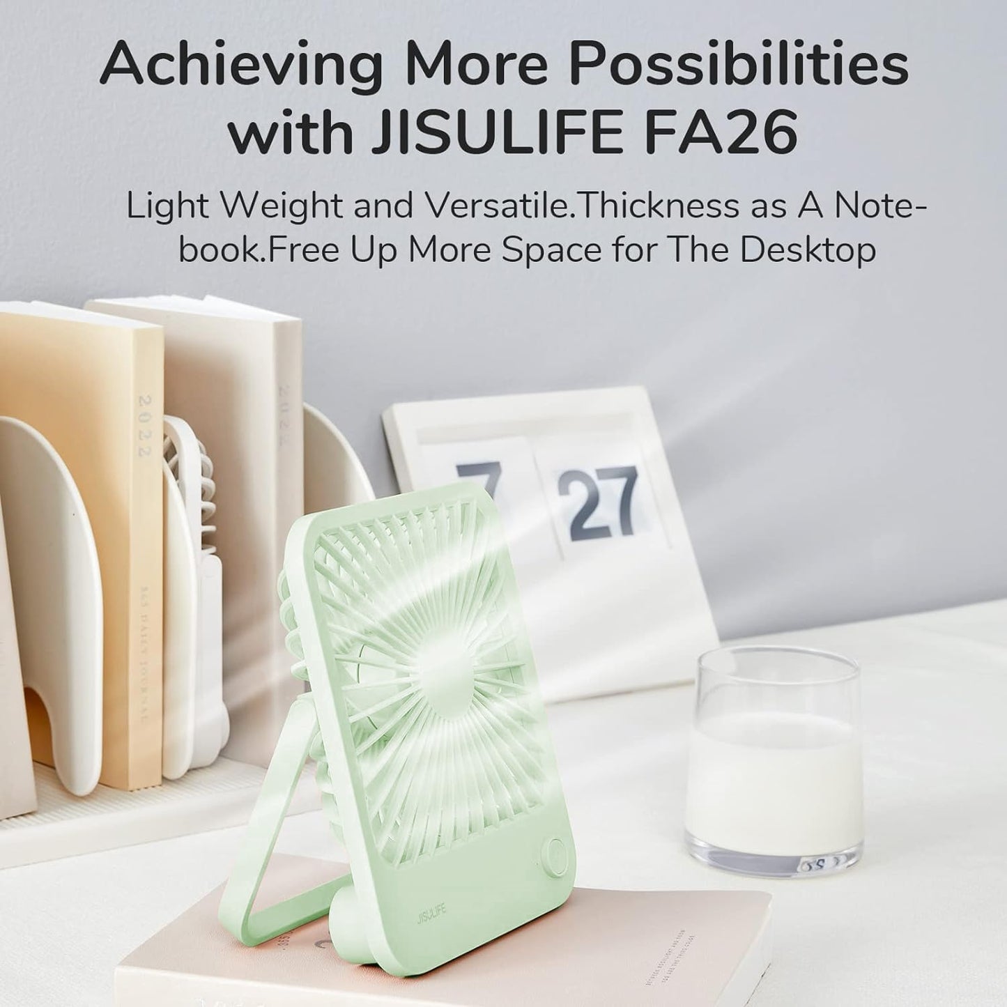 JISULIFE Desk Fan Battery Rechargeable, 4500mAh 180°Foldable Portable Personal Fan, 4 Speeds Adjustable Long Battery-life for Home Office Travel Outdoor Gifts for Women Men-White