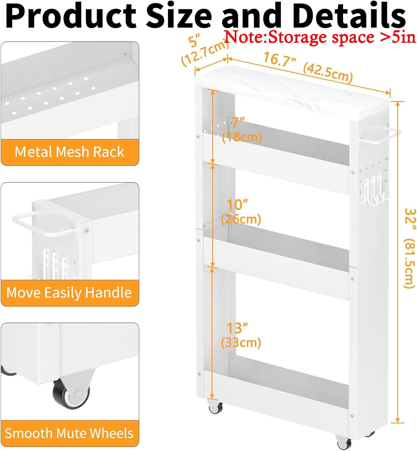 XYZLVSI Slim Storage Cart, Narrow Kitchen Rolling Cart for Small Spaces | 5.9" W skinny storage cart, 12.4" bottom metal utility cart with 360° swivel wheels for bathroom/laundry, slim shelf, white