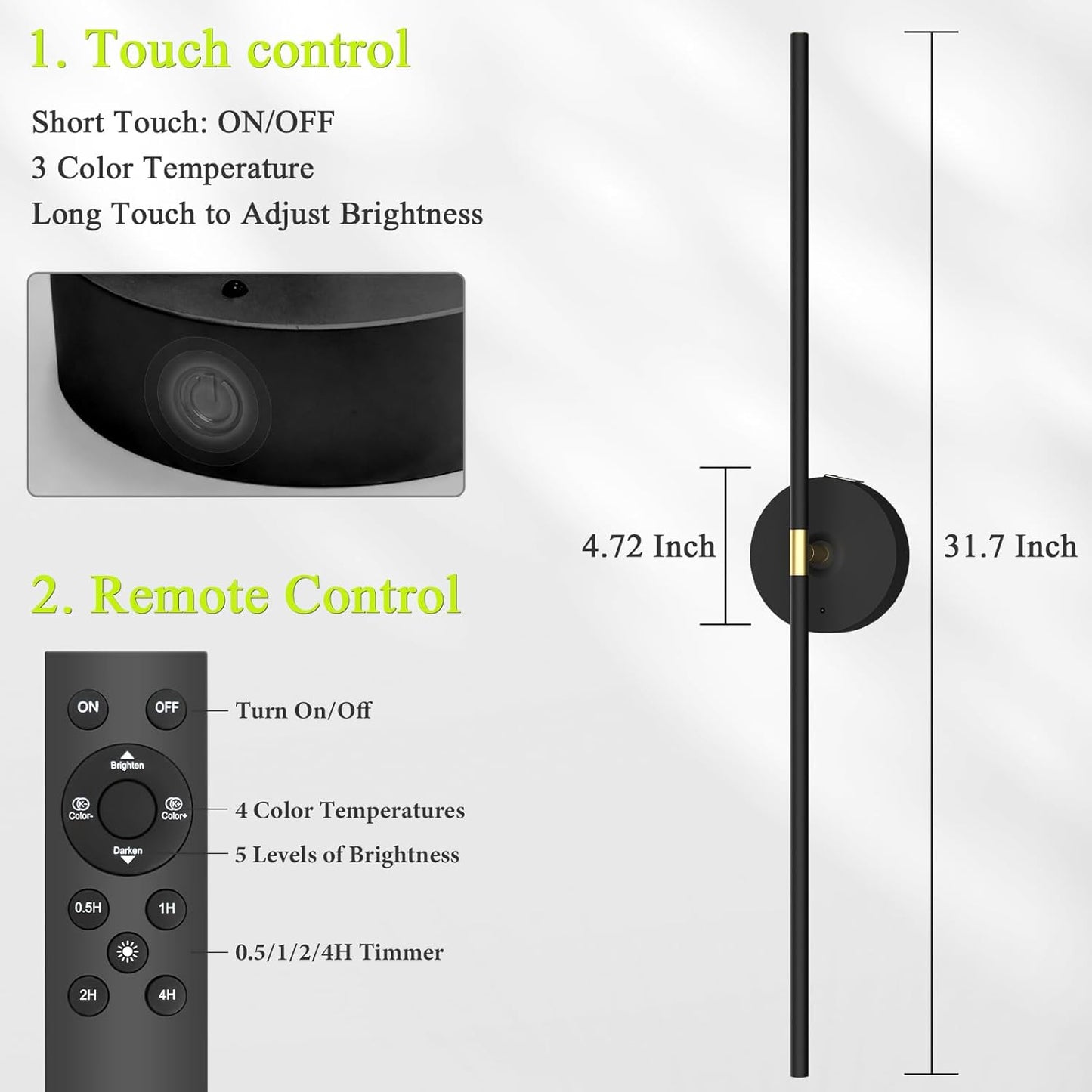 Battery Operated Wall Sconce Set of Two: Gold Wireless Rechargeable Wall Light with 10000mAh Detachable Battery and Remote, 360° Rotatable Scone Wall Decor for Bedroom Hallway Bathroom, 31.5inch