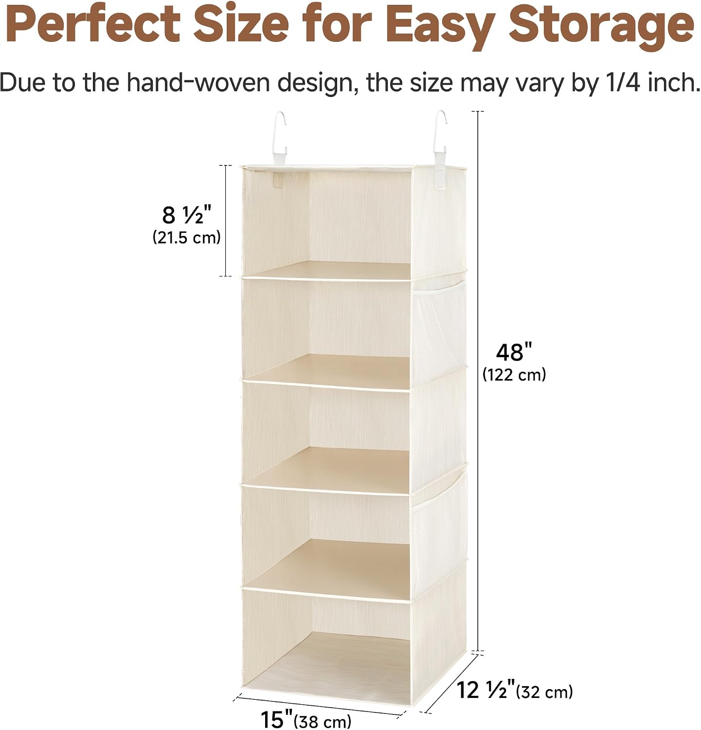 StorageWorks 6-Shelf Hanging Closet Organizer, Hanging Shelves for Closet, Fabric, Mixing of Beige, White & Ivory, 12" D x 12" W x 47 1⁄2" H