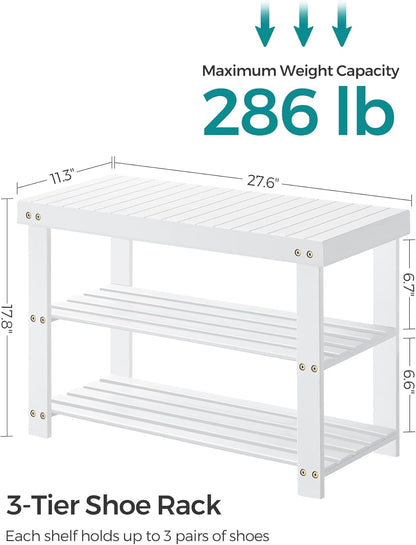 SONGMICS Shoe Rack Bench, 3-Tier Bamboo Shoe Storage Organizer, Entryway Bench, Holds Up to 286 lb, 11.3 x 27.6 x 17.8 Inches, for Entryway Bathroom Bedroom, Ink Black ULBS04H