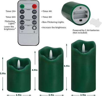 Flameless Candles Lights, Set of 3 Flickering LED Candles with Remote & Timer, Dimmable Electric Pillar Candles Battery Operated, Green Candles for Home St. Patrick’s Day Christmas Decor (Green)