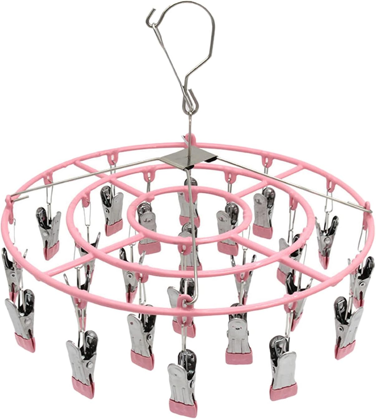Stainless Steel Clothes Sock Drying Rack with 24 Clips, Swivel Hook Windproof Clothes Hanger Rack for Sock, Bras, Towel, Underwear, Laundry Clothes, Hat, Scarf, Pants, Gloves (Pink Clips)