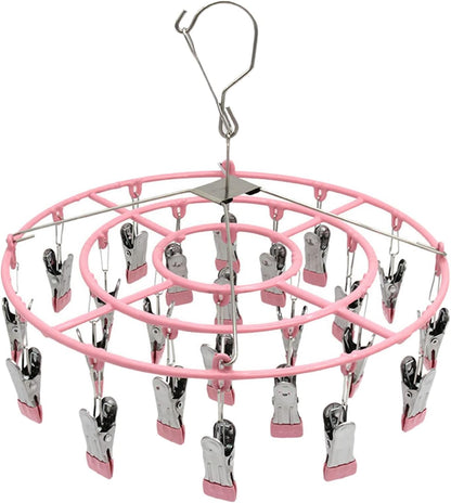 Stainless Steel Clothes Sock Drying Rack with 24 Clips, Swivel Hook Windproof Clothes Hanger Rack for Sock, Bras, Towel, Underwear, Laundry Clothes, Hat, Scarf, Pants, Gloves (Pink Clips)