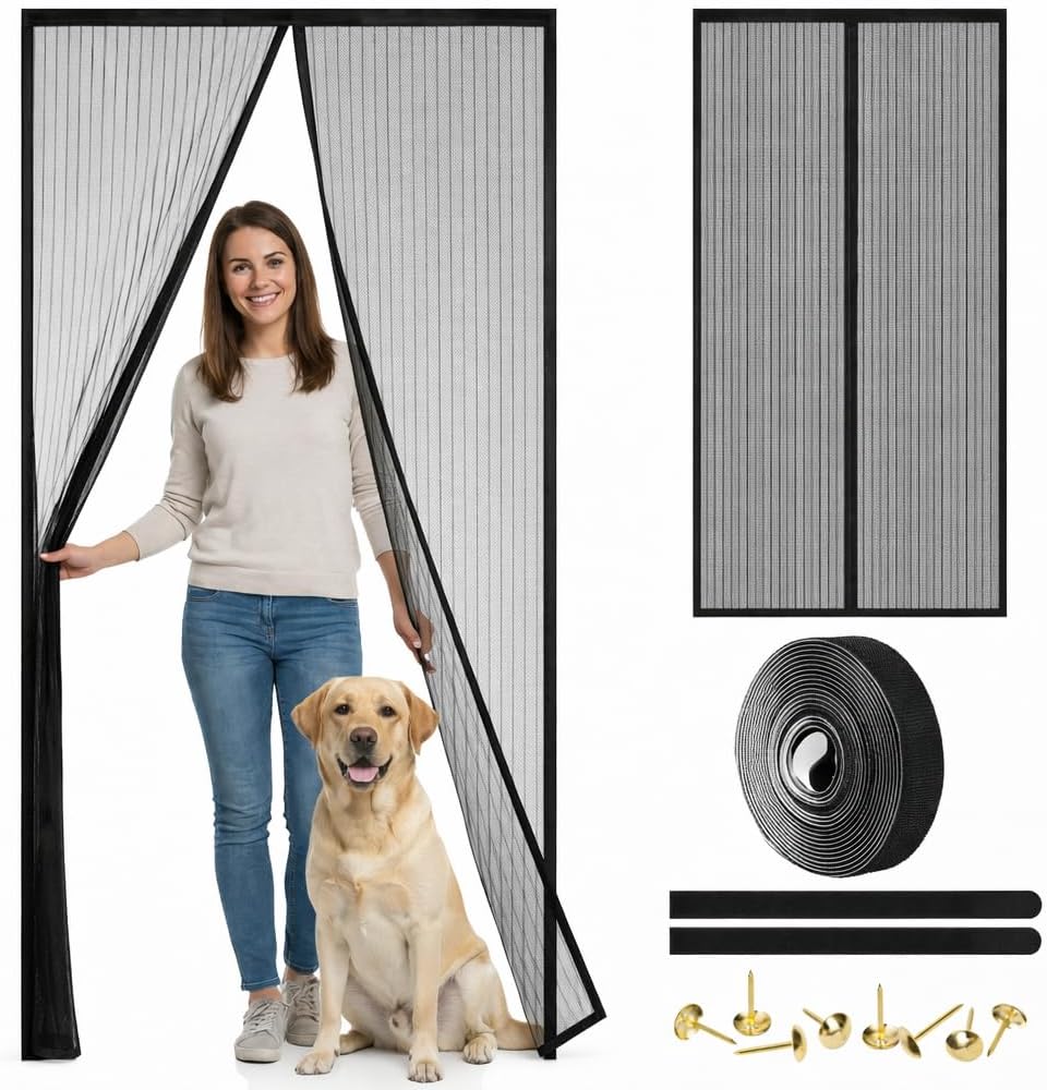 Magnetic Screen Door - Self Sealing, Heavy Duty, Hands Free Mesh Partition Keeps Bugs Out Let Breeze in- Pet and Kid Friendly - Keep Open Feature (Black, Fit Door Size 38 x 82 Inch)