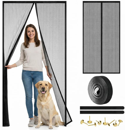 Magnetic Screen Door - Self Sealing, Heavy Duty, Hands Free Mesh Partition Keeps Bugs Out Let Breeze in- Pet and Kid Friendly - Keep Open Feature (Black, Fit Door Size 38 x 82 Inch)