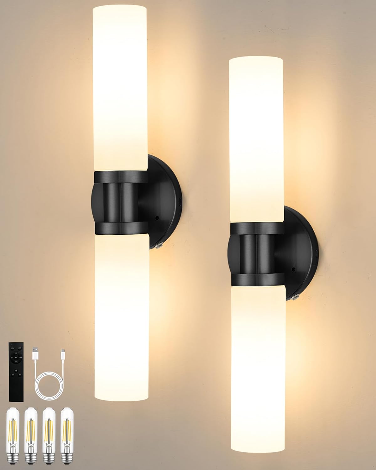 Battery Operated Wall Sconce Set of 2, 10000mAh Rechargeable Wireless Wall Lights Remote Control, Cordless Timer Dimmable Glass Wall Lamps for Living Room Bedside Entryway Emergency Gold 16.5 Inch