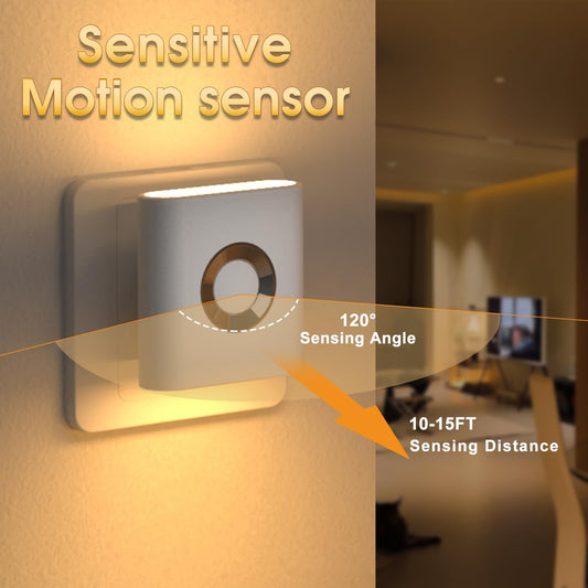 Plug-in LED Backlit Night Light with Motion Sensor & Dusk to Dawn Sensor, Warm White Nightlight with 50 lm Adjustable Brightness for Bathroom, Bedroom, Hallway, Stairs (2 Pack)