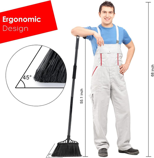 Tiumso Heavy Duty Angle Broom - 55" Adjustable Iron Handle with Stiff Bristles - Commercial-Grade Indoor/Outdoor Broom for Garage, Patio, Kitchen, Sidewalk & Concrete Cleaning (Black & Red)
