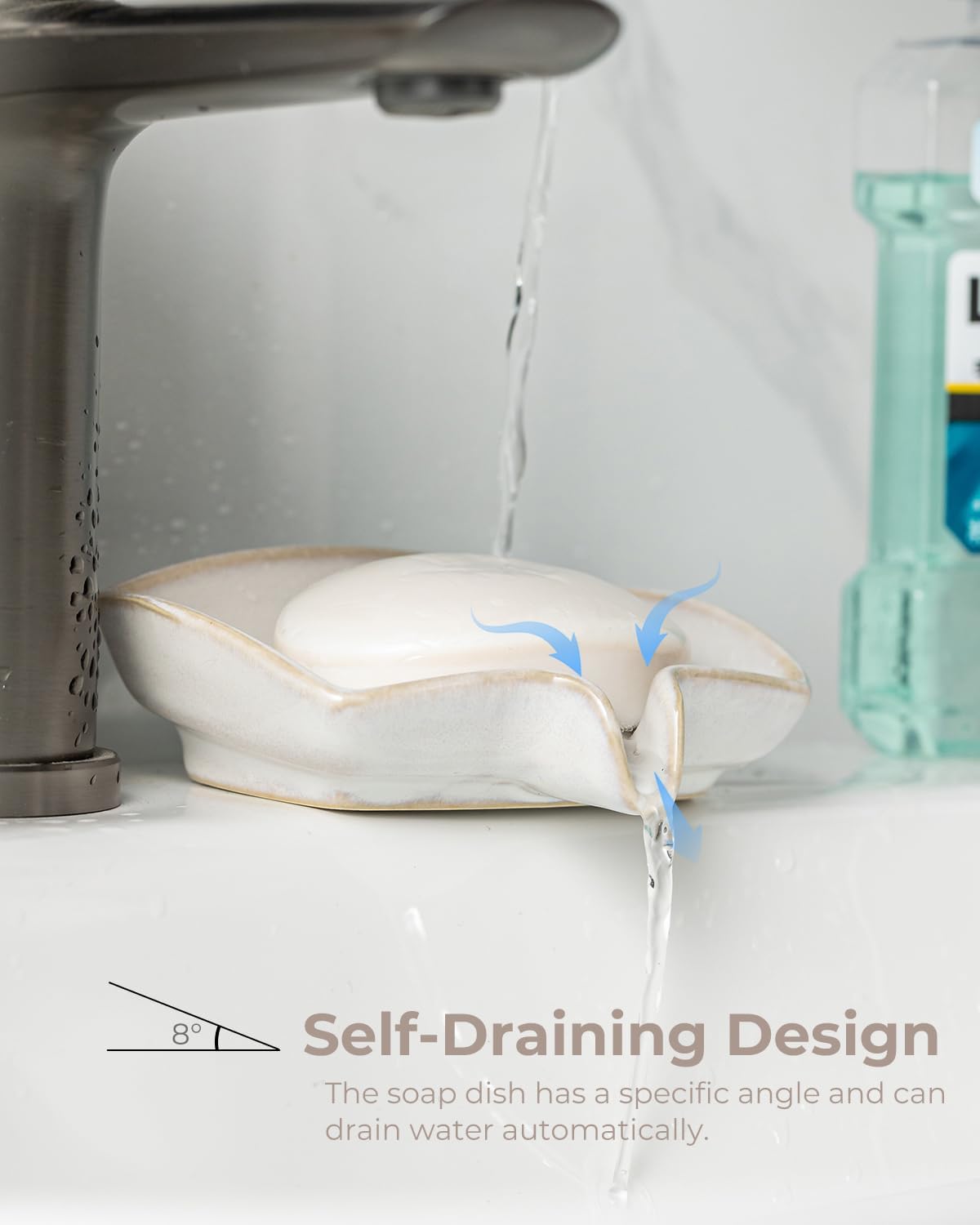 Self Draining Soap Dish, Ceramic Drain Soap Holder Waterfall Design Soap Saver for Shower, Bathroom, Sink, Kitchen and Countertop, Keeps Dry, Green