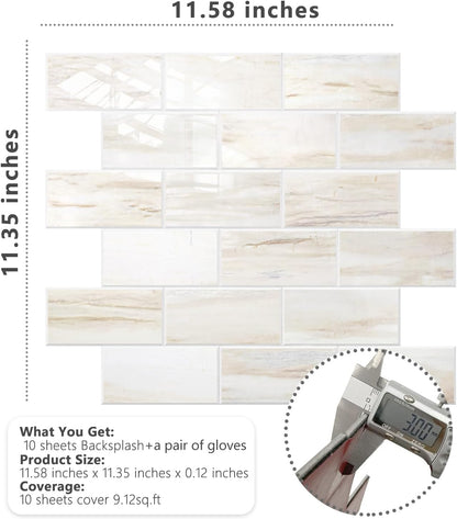 STICKGOO 10-Sheet Subway Tile Peel and Stick Backsplash, Seamless Design Polished Eurasia Beige Kitchen Backsplash Wall Tiles, Glossy Surface Waterproof Stick on Tile for Bathroom, RV, Fireplace