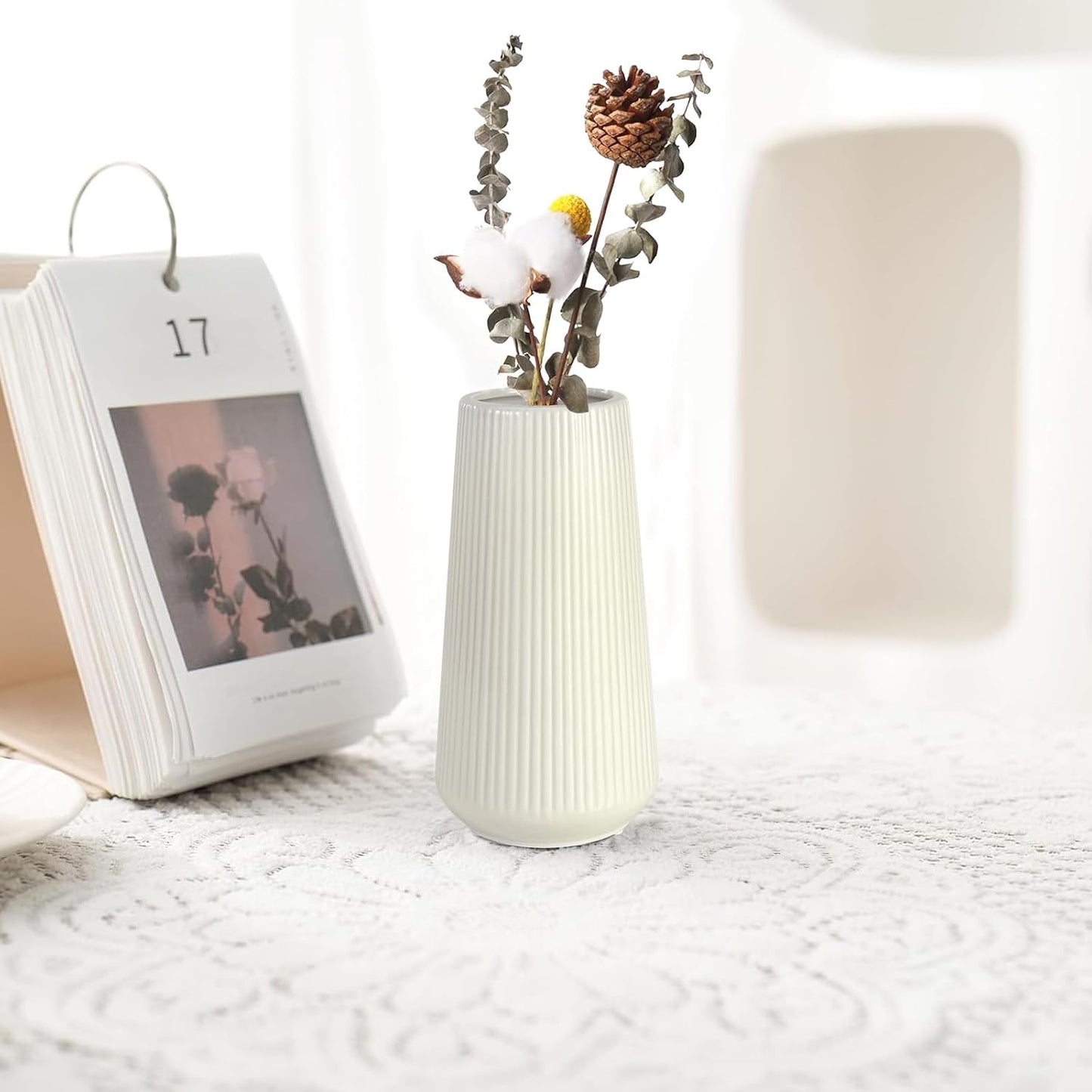 White Ceramic Vase, GUKJOB Small Cute Flower Vase for Pampas Grass, Home, Living Room, Dining Table, Farmhouse, Office Decor, Bedroom, Table, and Kitchen Shelf (White- 2PCS)