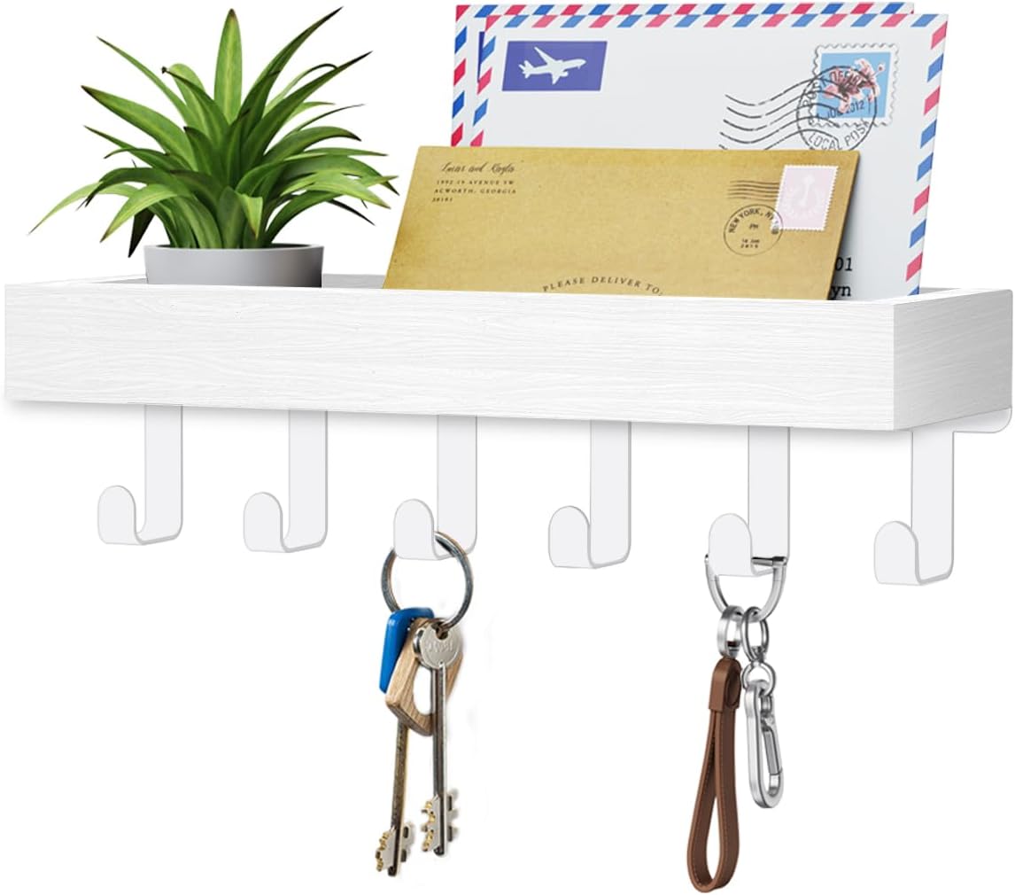 Key Holder Wall Mount Adhesive Magnetic - Hanging Key Hooks with Mail Organizer for Wallet House Accessories - Keys Hanger Rack with Shelf for RV Camper Entryway Door Home Living Room Decor Black