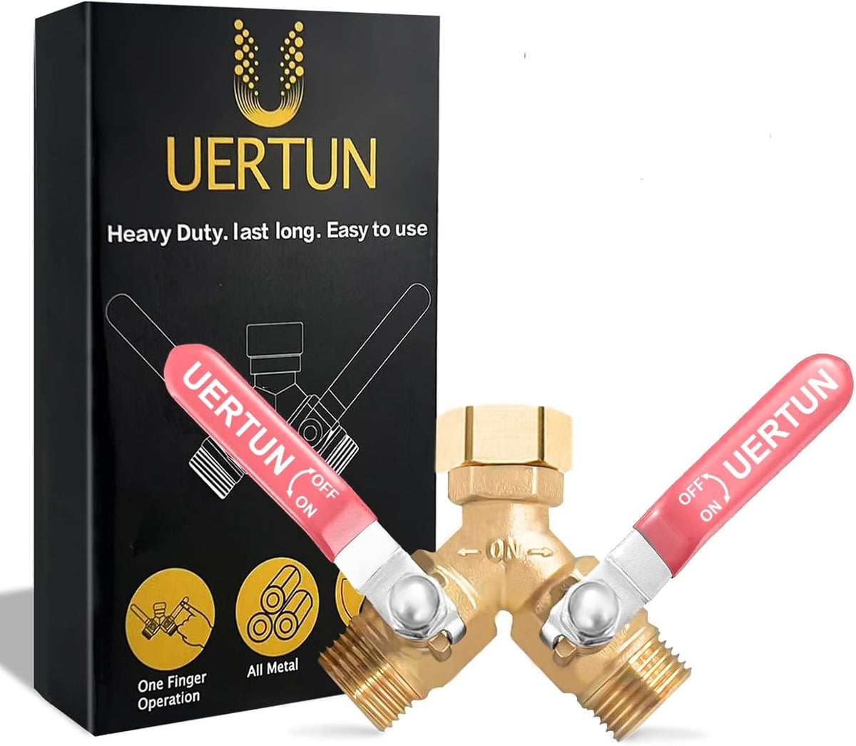 2 Way Garden Hose Splitter Heavy Duty Brass, Y Hose Splitter with Extra Long Handles for Easy Shut Off, Metal Water Spigot Adapter Fits Standard 3/4" GHT Faucet