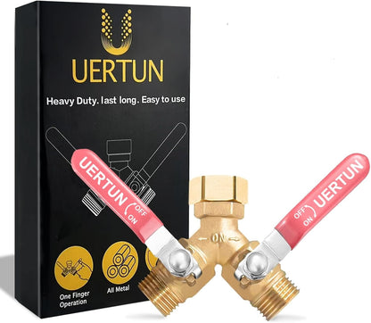 2 Way Garden Hose Splitter Heavy Duty Brass, Y Hose Splitter with Extra Long Handles for Easy Shut Off, Metal Water Spigot Adapter Fits Standard 3/4" GHT Faucet