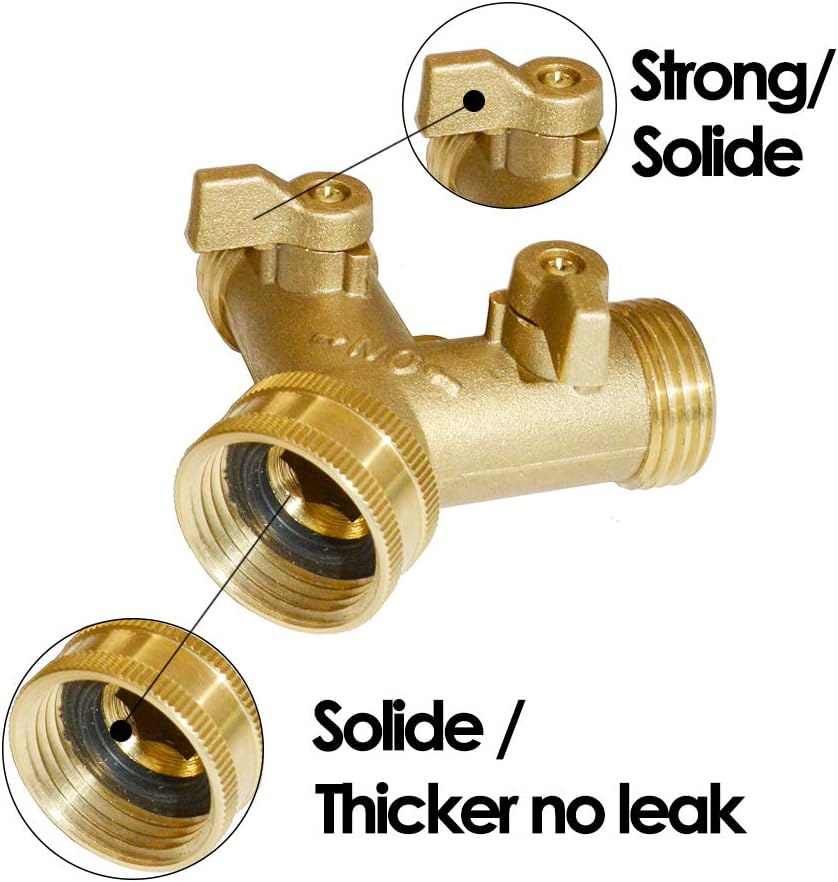 HQMPC Garden Hose Y Valve Splitter Brass Hose Splitter With Stainless Steel Long Handle Brass Garden Hose Adapter 2 Way Y Valve 3/4" GHT Thread 2pcs