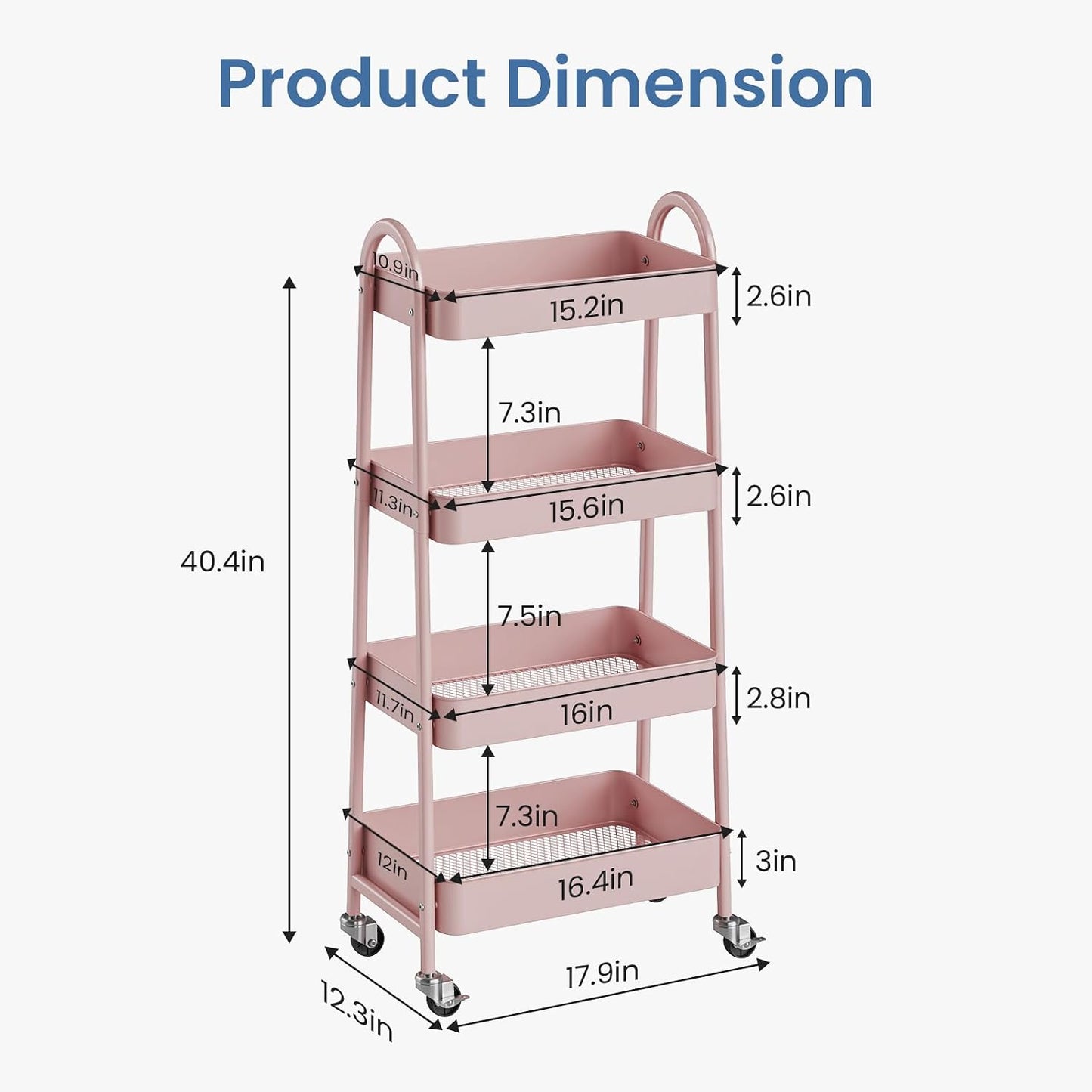 DUMOS 3 Tiers Rolling Cart, Utility Cart, Metal, White | Mobile Storage, Lockable Wheels, Utility Shelving Unit, Kitchen, Bathroom, Laundry, Narrow Places