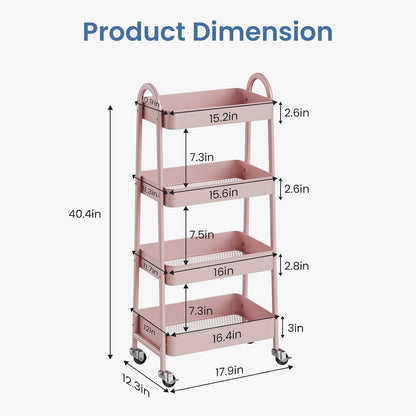 DUMOS 3 Tiers Rolling Cart, Utility Cart, Metal, White | Mobile Storage, Lockable Wheels, Utility Shelving Unit, Kitchen, Bathroom, Laundry, Narrow Places
