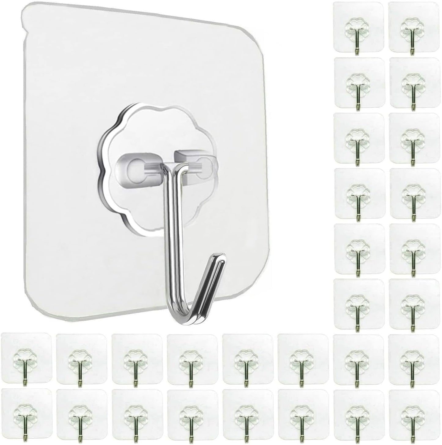 30 Pack Self Adhesive Hooks Heavy Duty - 33lb Max, Adhesive Waterproof Sticky Wall Hooks for Bathroom, Kitchen, Closet, Shower, Wall, Door, Keys No Drilling (Transparent)