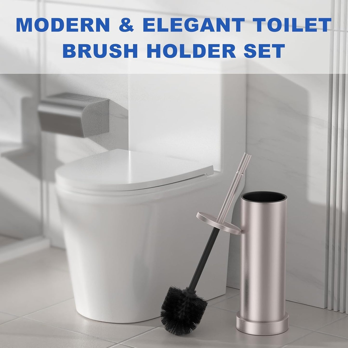 Brushed Nickel Toilet Brush and Holder Set, 304 Stainless Steel Toilet Brush for Bathroom, Heavy Duty Toilet Bowl Brush with Holder, Removable Inner Bowl and Splash Protection, Long Handle