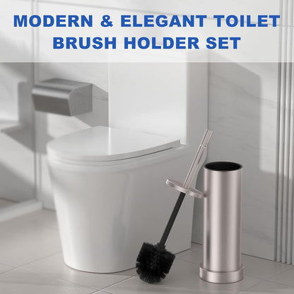 Brushed Nickel Toilet Brush and Holder Set, 304 Stainless Steel Toilet Brush for Bathroom, Heavy Duty Toilet Bowl Brush with Holder, Removable Inner Bowl and Splash Protection, Long Handle
