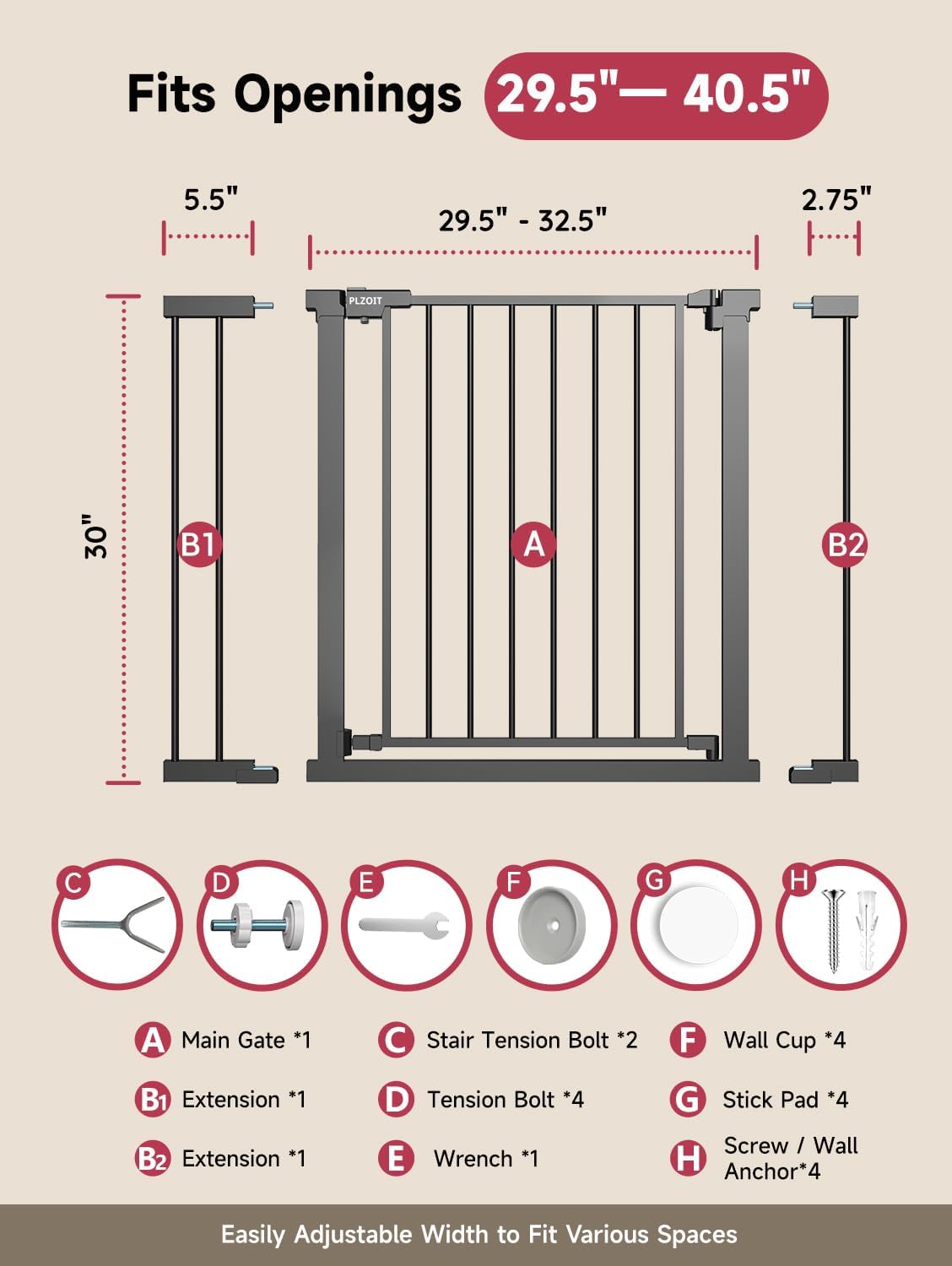 29.5-40.5" Baby Gate for Stairs, Dog Gate for Doorways, Walk Thru Auto Close Metal Baby Safety Gate for The House, Stairs and Doorways, Child Gate Pressure Mounted, Pet Gate for Dog Indoor - Black