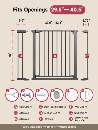 29.5-40.5" Baby Gate for Stairs, Dog Gate for Doorways, Walk Thru Auto Close Metal Baby Safety Gate for The House, Stairs and Doorways, Child Gate Pressure Mounted, Pet Gate for Dog Indoor - Black