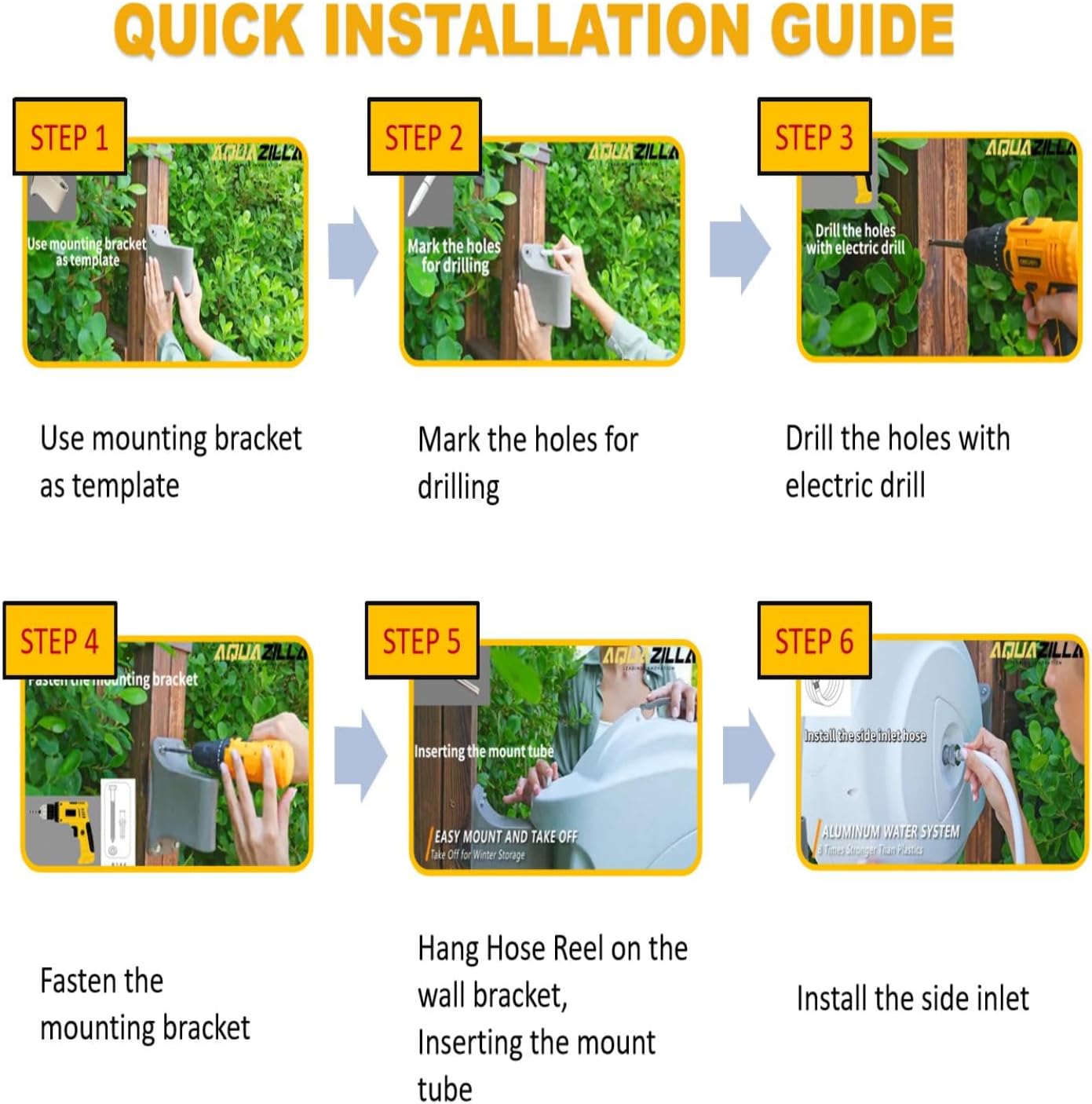 Retractable Garden Hose Reel, 5/8 in 65+6 ft, Heavy Duty Wall Mounted Water Hose Reel, Spring Power Automatic Rewind, Any Length Lock, 180° Swivel Bracket, 10 Pattern Spray Nozzle