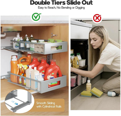 Under Sink Organizer, 2-Tier Dual Pull Out Cabinet Organizer Drawers With Smooth Circular Rail, Large Capacity Metal Mesh Sliding Shelves For Bathroom& Kitchen Storage,Height Adjustable–White,2 Packs