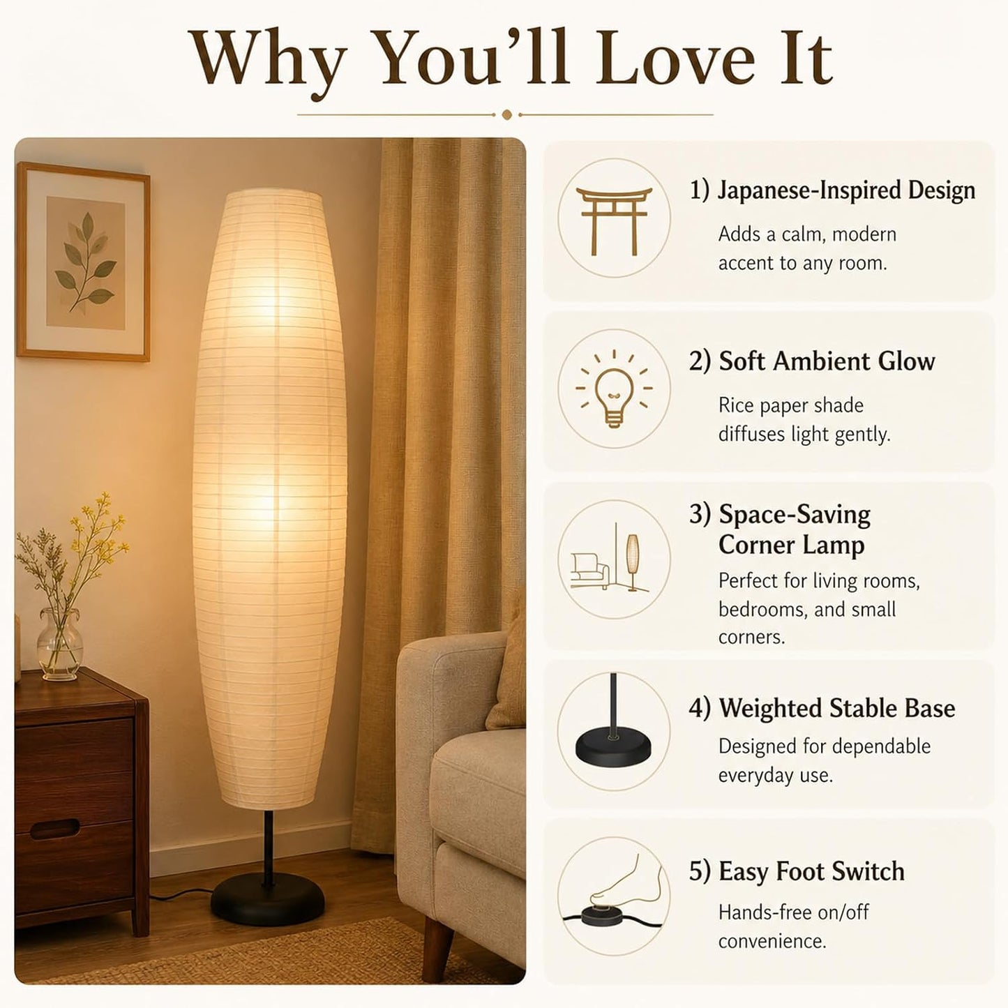 Rice Paper Floor Lamp with Foot Switches,White Paper Floor Lantern,Art Deco Ambient Lighting,Minimalist Tall Standing Lamp for Bedroom Living Room and Study Room