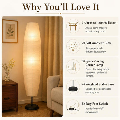Rice Paper Floor Lamp with Foot Switches,White Paper Floor Lantern,Art Deco Ambient Lighting,Minimalist Tall Standing Lamp for Bedroom Living Room and Study Room