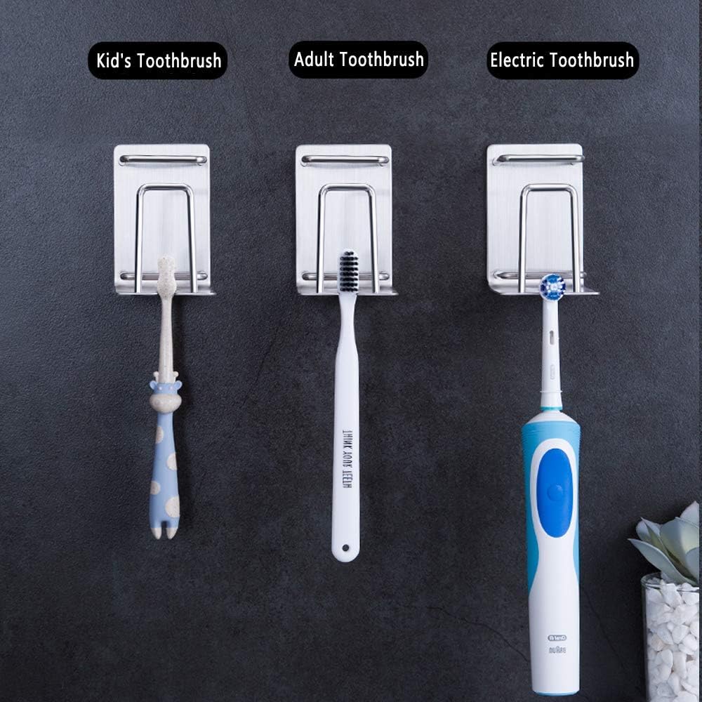 HANZE 2 Pack Toothbrush Holder 304 Stainless Steel Adhesive Wall Mounted 3 in 1 with Toothbrush Holder Toothpaste Holder and Cup Holder for Bathroom Shower