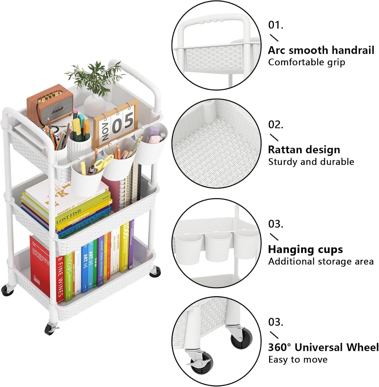 MOYIPIN 3-Tier Plastic Rolling Utility Cart with Handle,Utility Storage Cart for Office, Living Room, Kitchen,Movable Storage Organizer Shelves,White