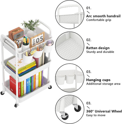 MOYIPIN 3-Tier Plastic Rolling Utility Cart with Handle,Utility Storage Cart for Office, Living Room, Kitchen,Movable Storage Organizer Shelves,White