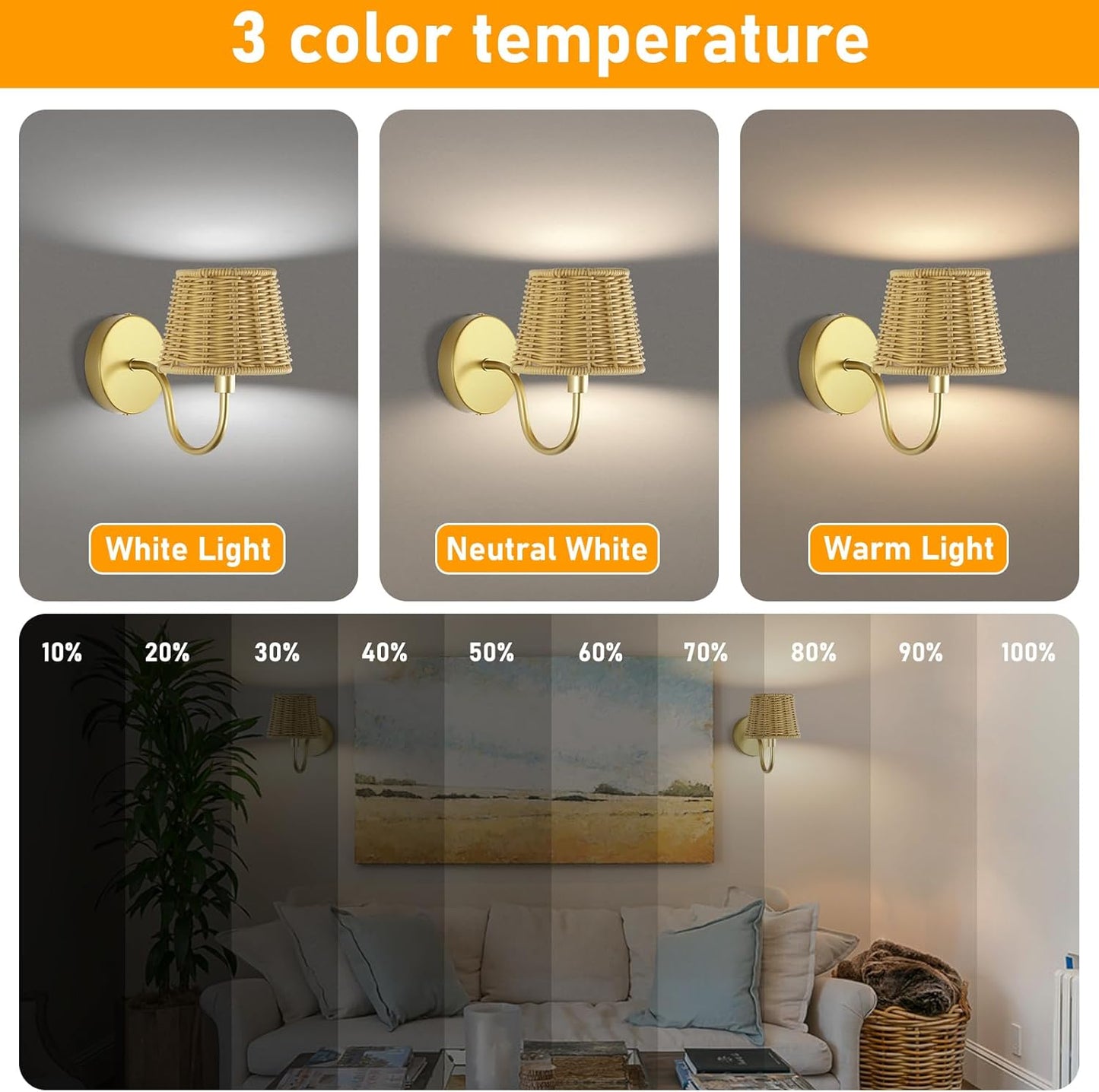 Battery Operated Wall Sconce Set of 2, Rechargeable Wireless Sconces with Dimmable Detachable Magnetic Bulbs and Remote, 3 Colors Wall Lights for Bedroom Living Room Hallway Fireplace