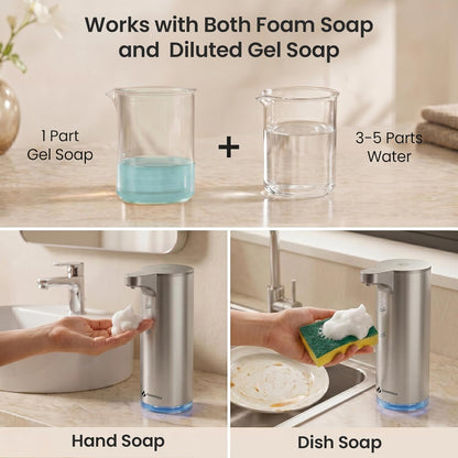 GentleJet EasyFoam Automatic Foaming Soap Dispenser Touchless Sensor, USB-C Rechargeable, 304 Stainless Steel, IPX5 Waterproof for Bathroom Kitchen Sink, 280 ml