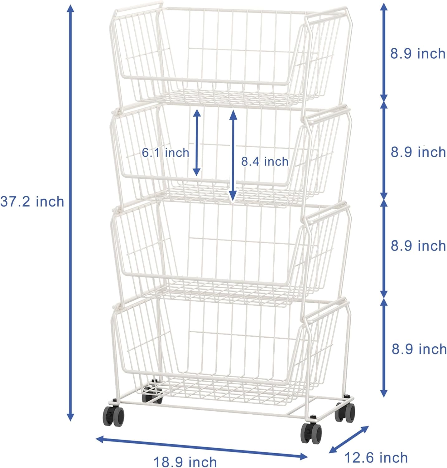 PUSDON 6-Tier Tall Stackable Wire Storage Baskets with Wheels, Vertical Metal Rolling Utility Cart, High Capacity Produce Basket for Kitchen Pantry, Snack Organizer, Matte Black