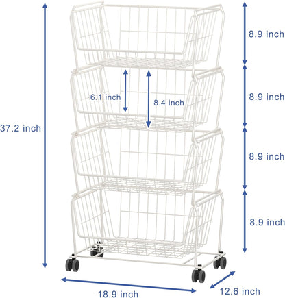 PUSDON 6-Tier Tall Stackable Wire Storage Baskets with Wheels, Vertical Metal Rolling Utility Cart, High Capacity Produce Basket for Kitchen Pantry, Snack Organizer, Matte Black