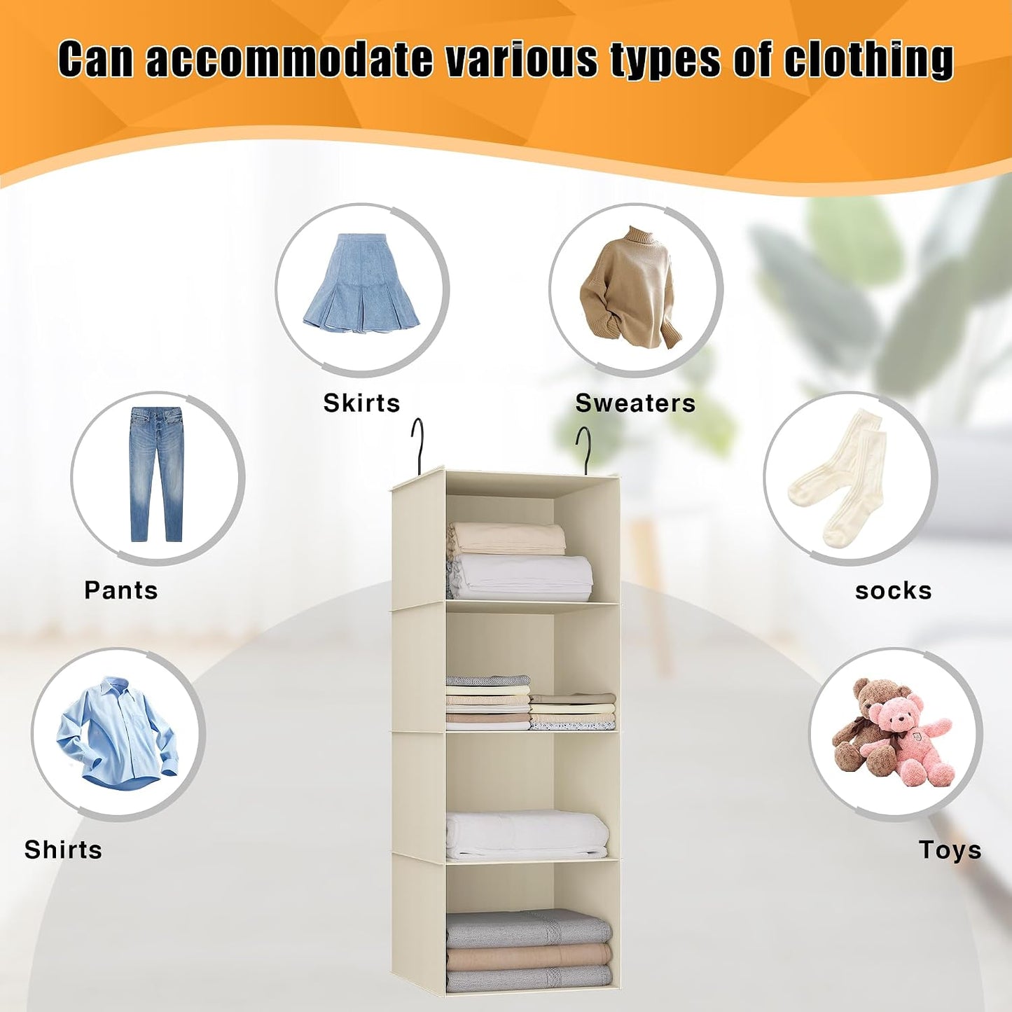 Hanging Closet Organizer 3-Shelf, Oxford Fabric Wardrobe Storage, Gray | Easy-mount foldable design holds clothes, handbags, shoes & accessories; washable Oxford fabric, sturdy and space-saving.