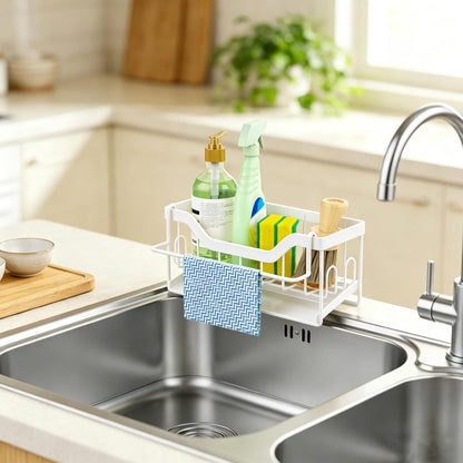 Kitchen Sink Organizer Stainless Steel Sponge Holder with Automatic Drainage Tray and Detachable Rag Rack