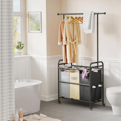 Tajsoon Laundry Hamper with Hanging Rack, 3 Section Laundry Sorter with Heavy Duty Lockable Wheels, Laundry Basket Organizer for Dirty Clothes Storage, 3 Beige