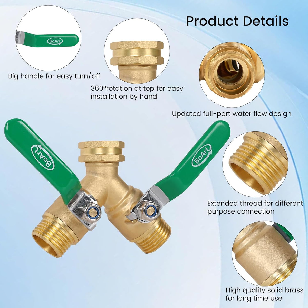BoArt Brass Garden Hose Splitter 2 Way Heavy Duty, Y Valve Hose Splitter With Stainless Steel Long Handle, 3/4" GHT Thread Y Valve Water Garden Hose Tap Adapter