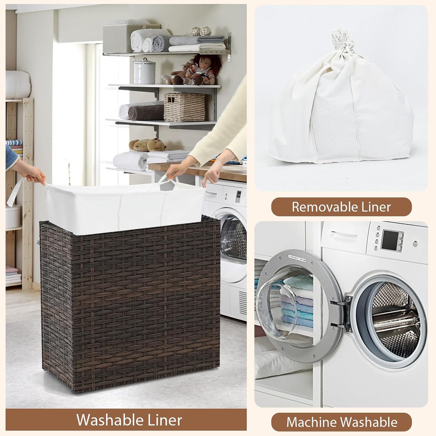 GOFLAME Laundry Hamper with Lid and Wheels, 125L Hand Woven Rattan Laundry Basket with 3 Divided Sections, Handles, 2 Removable and Washable Liner Bags, Dirty Clothes Hamper for Bedroom (Natural)