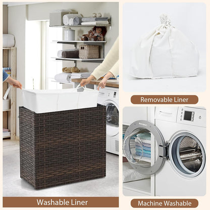 GOFLAME Laundry Hamper with Lid and Wheels, 125L Hand Woven Rattan Laundry Basket with 3 Divided Sections, Handles, 2 Removable and Washable Liner Bags, Dirty Clothes Hamper for Bedroom (Natural)